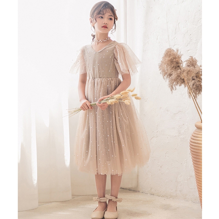 

A22101 Girls Summer Star Mesh Princess Dress, Appropriate Height:140cm(Champagne)