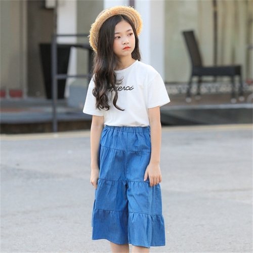 

M653 Girls Casual Short-sleeved Denim Wide-leg Pants Two-piece Suit, Appropriate Height:140cm