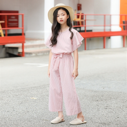 

M582 Girls Summer Striped Top Loose Wide-leg Pants Two-piece Suit, Appropriate Height:120cm(Pink)