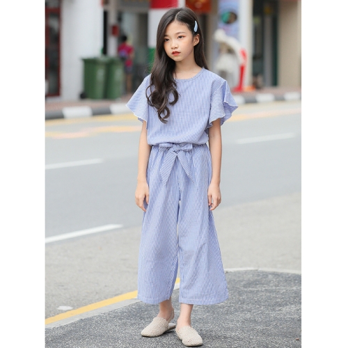 

M582 Girls Summer Striped Top Loose Wide-leg Pants Two-piece Suit, Appropriate Height:140cm(Blue)