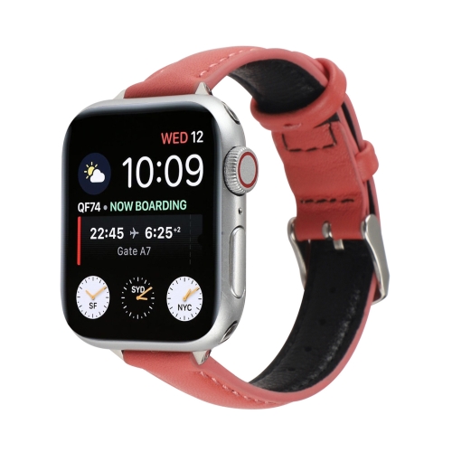 

14mm Slim Genuine Leather Strap Watchband For Apple Watch Series 6 & SE & 5 & 4 40mm / 3 & 2 & 1 38mm(Rose Red)