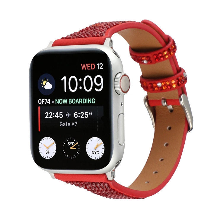 

T-shaped Small Waist Flashing Diamond Genuine Leather Strap Watchband For Apple Watch Series 6 & SE & 5 & 4 44mm / 3 & 2 & 1 42mm(Red)