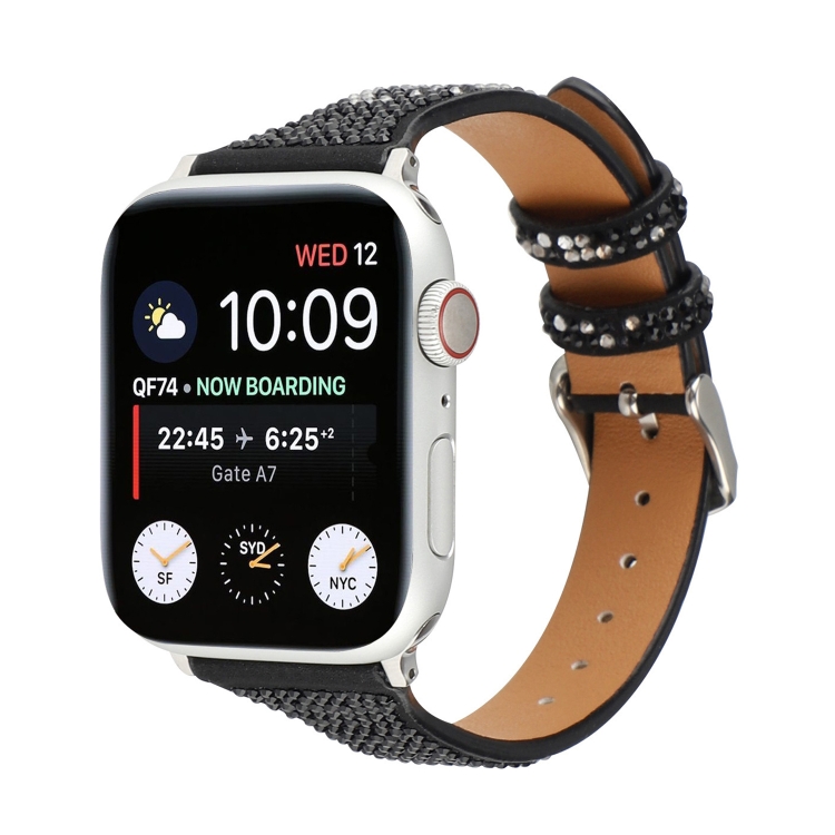 

T-shaped Small Waist Flashing Diamond Genuine Leather Strap Watchband For Apple Watch Series 6 & SE & 5 & 4 44mm / 3 & 2 & 1 42mm(Black)