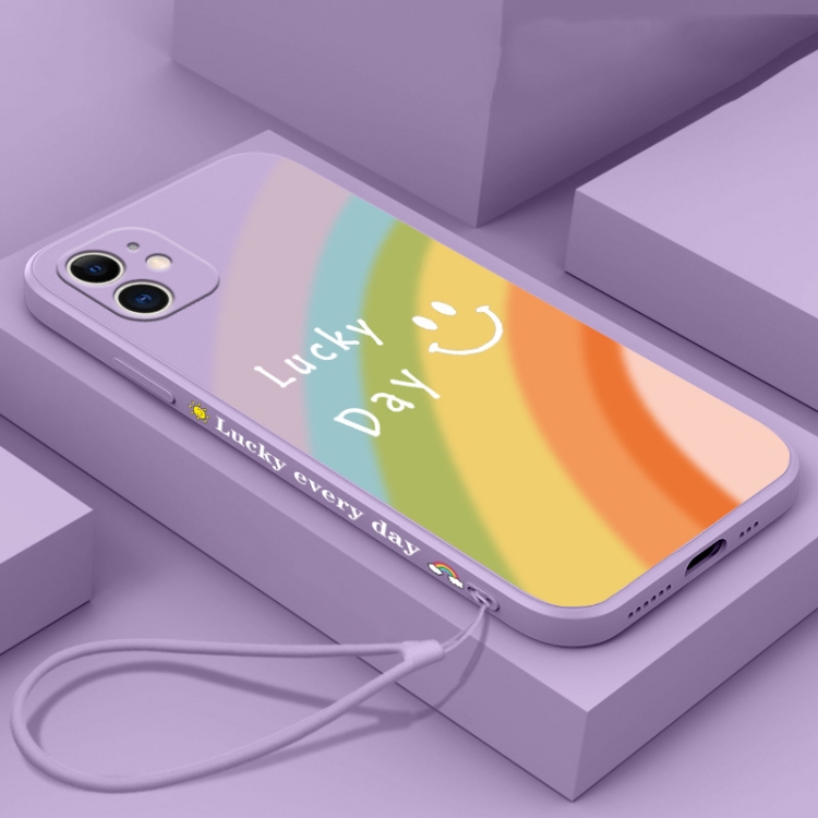 

Straight Edge Rainbow Pattern Liquid Silicone Protective Case with Hand Strap For iPhone 11 Pro Max(Grass Purple)