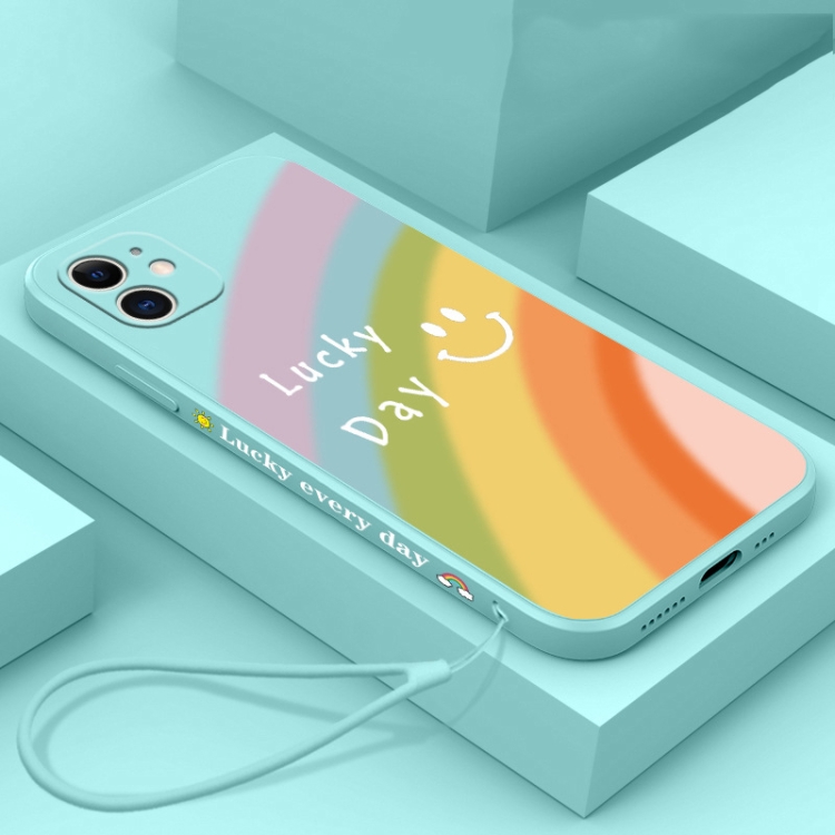 

Straight Edge Rainbow Pattern Liquid Silicone Protective Case with Hand Strap For iPhone 12 Pro Max(Light Cyan)