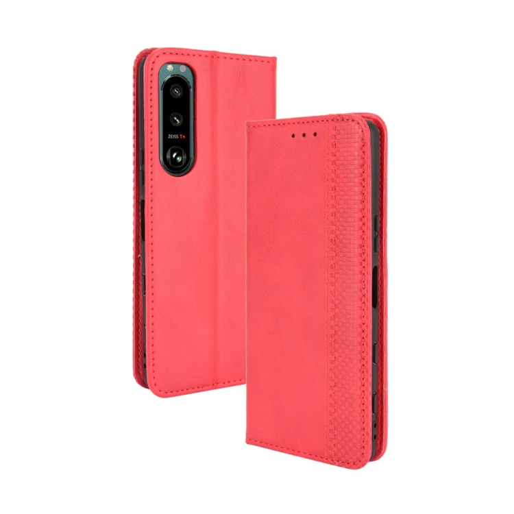 

For Sony Xperia 5 III Magnetic Buckle Retro Crazy Horse Texture Horizontal Flip Leather Case with Holder & Card Slots & Photo Frame(Red)