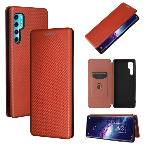 

For TCL 20 Pro 5G Carbon Fiber Texture Magnetic Horizontal Flip TPU + PC + PU Leather Case with Card Slot(Brown)