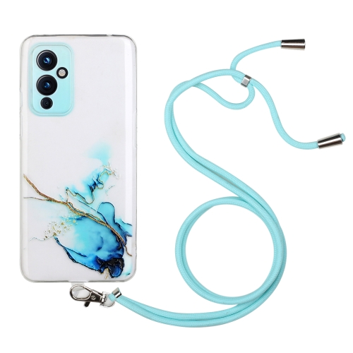 

For OnePlus 9 Hollow Marble Pattern TPU Precise Hole Protective Case with Neck Strap Rope(Blue)