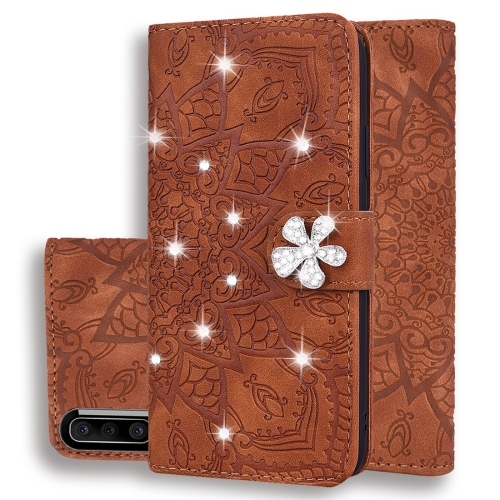 

For Galaxy A40 Calf Pattern Diamond Mandala Double Folding Design Embossed Leather Case with Wallet & Holder & Card Slots(Brown)