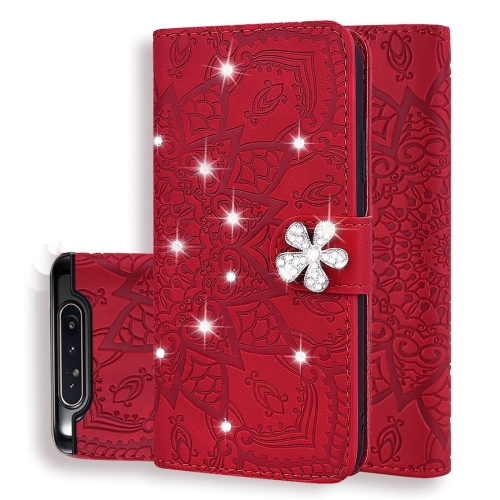 

For Galaxy A80 / A90 Calf Pattern Diamond Mandala Double Folding Design Embossed Leather Case with Wallet & Holder & Card Slots(Red)