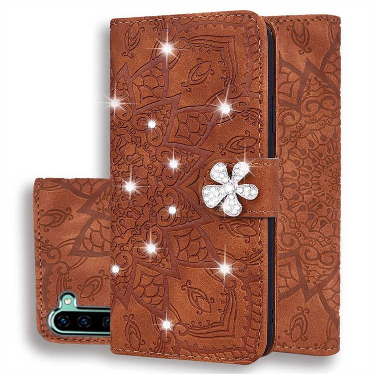 

For Galaxy Note 10 Calf Pattern Diamond Mandala Double Folding Design Embossed Leather Case with Wallet & Holder & Card Slots(Brown)