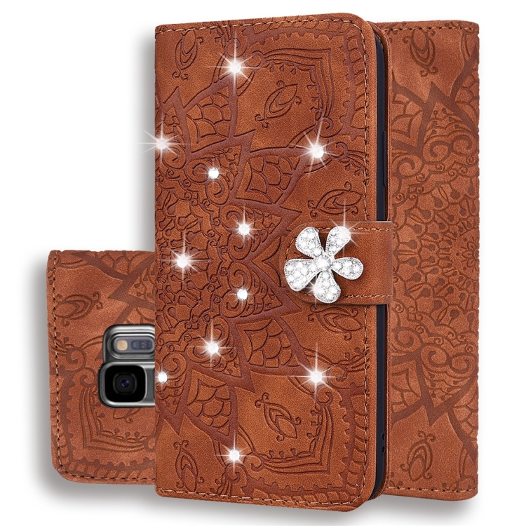 

For Galaxy S9 Calf Pattern Diamond Mandala Double Folding Design Embossed Leather Case with Wallet & Holder & Card Slots(Brown)