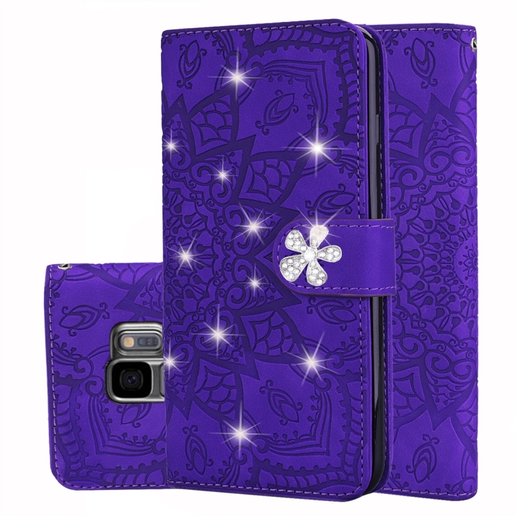 

For Galaxy S9 Calf Pattern Diamond Mandala Double Folding Design Embossed Leather Case with Wallet & Holder & Card Slots(Purple)