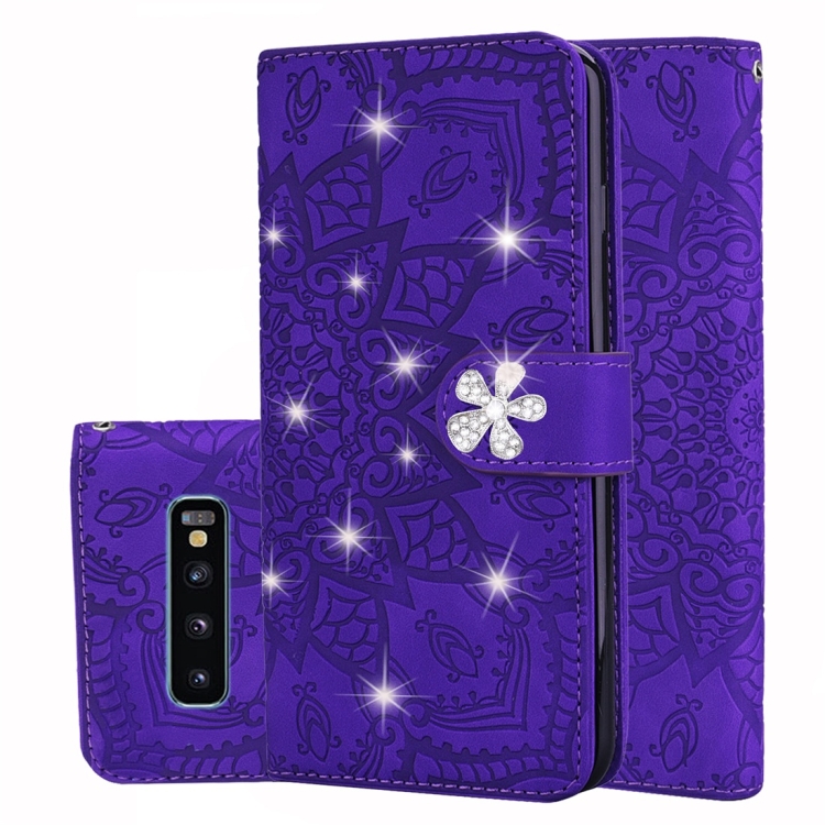 

For Galaxy S10 Calf Pattern Diamond Mandala Double Folding Design Embossed Leather Case with Wallet & Holder & Card Slots(Purple)