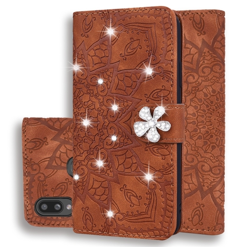 

For Galaxy A10s Calf Pattern Diamond Mandala Double Folding Design Embossed Leather Case with Wallet & Holder & Card Slots(Brown)