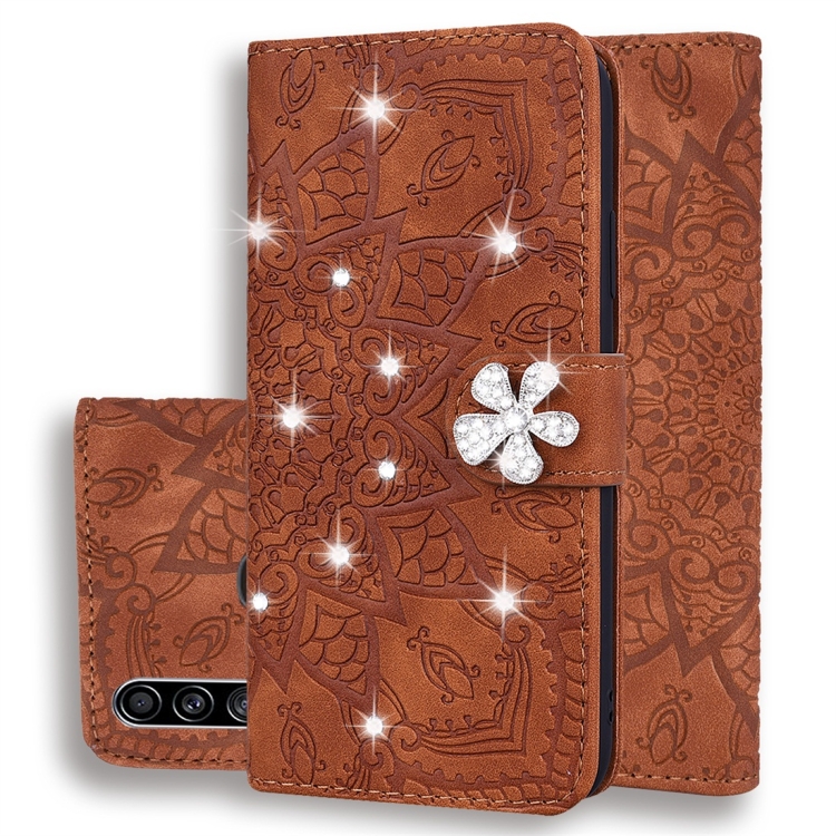

For Galaxy A20s Calf Pattern Diamond Mandala Double Folding Design Embossed Leather Case with Wallet & Holder & Card Slots(Brown)