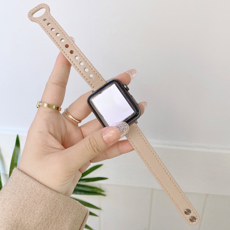 

Double Studs Buckle Genuine Leather Strap Watchband For Apple Watch Series 7 41mm / 6 & SE & 5 & 4 40mm / 3 & 2 & 1 38mm(Cream)