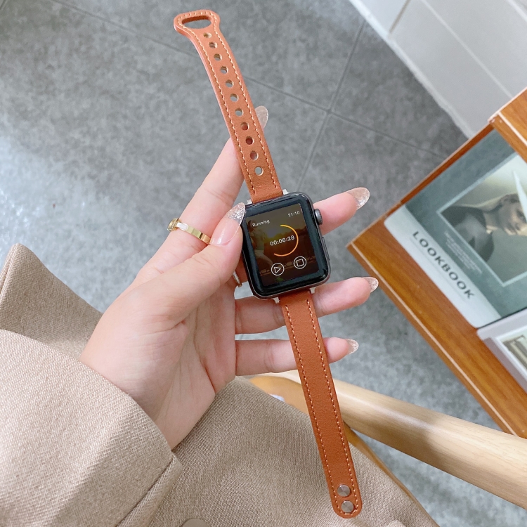

Double Studs Buckle Genuine Leather Strap Watchband For Apple Watch Series 6 & SE & 5 & 4 40mm / 3 & 2 & 1 38mm(Brown)