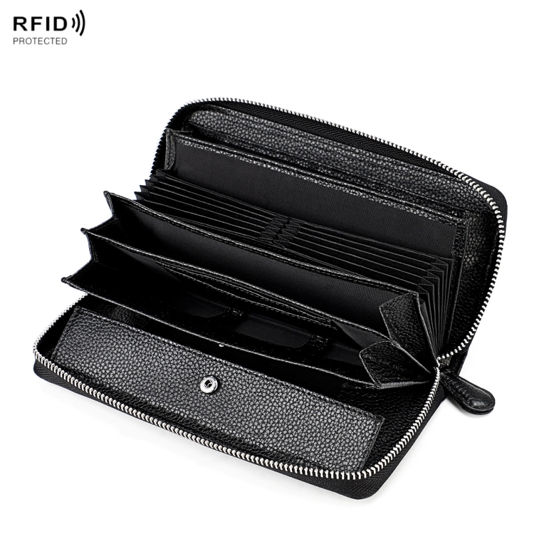 

RFID Lychee Texture Fashion Organ Clutch Ladies Zipper Long Change Bag(Black)