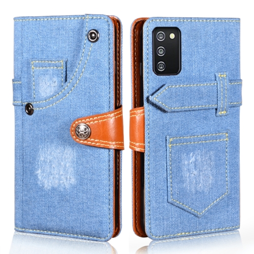 

For Samsung Galaxy F02s Denim Horizontal Flip Leather Case with Holder & Card Slot & Wallet(Light Blue)