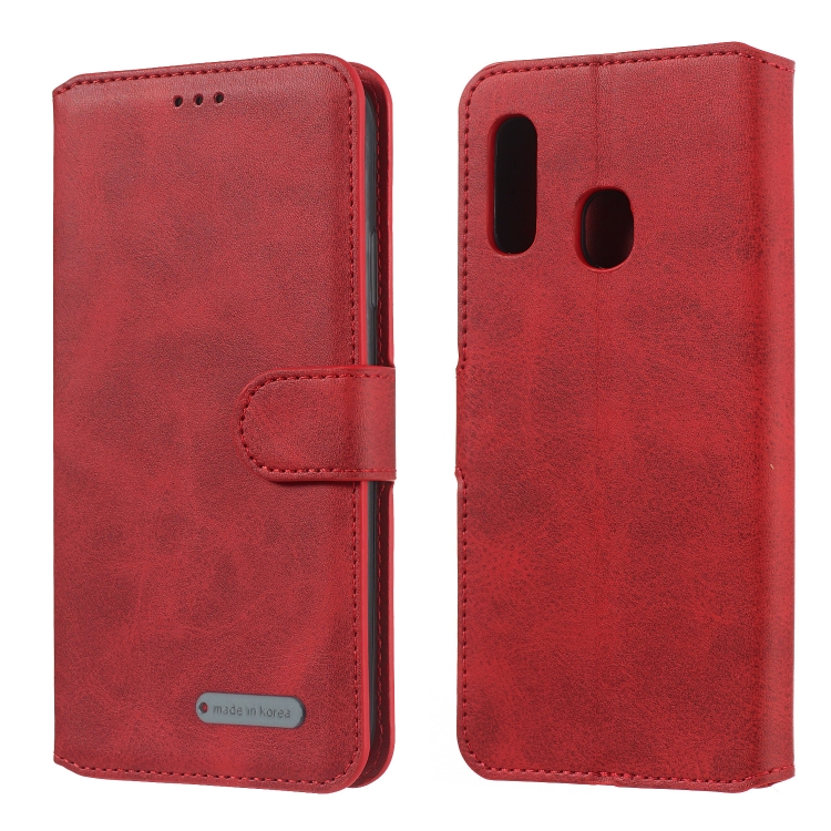 

For Galaxy A40 Solid Color Buckle Horizontal Flip Leather Case with Wallet & Holder & Card Slots(Red)