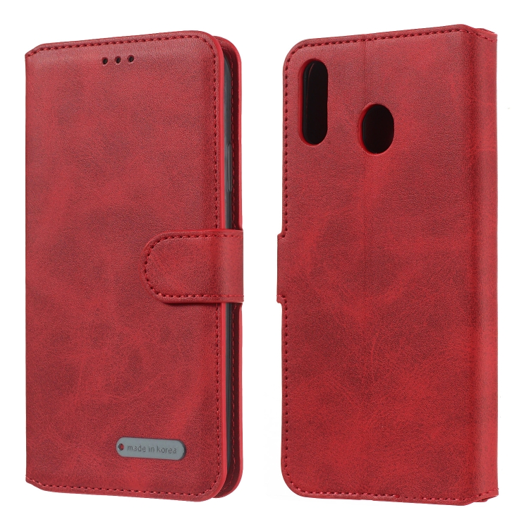 

For Galaxy M20 Solid Color Buckle Horizontal Flip Leather Case with Wallet & Holder & Card Slots(Red)