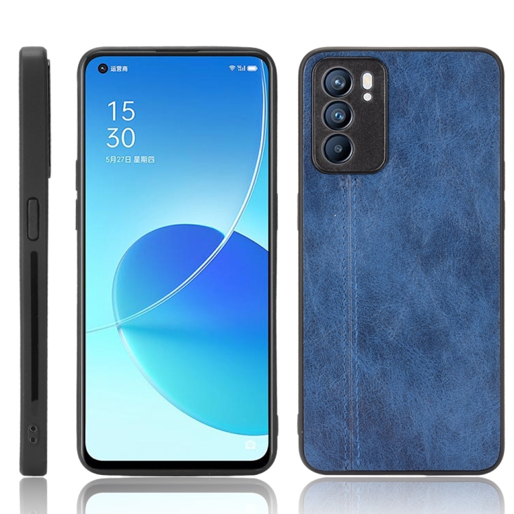 

For OPPO Reno6 5G Shockproof Sewing Cow Skin Texture PC + PU + TPU Case(Blue)