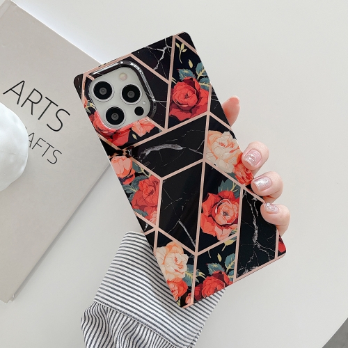 

Plating Splicing Pattern Soft TPU Straight-Edge Protective Case For iPhone 12 / 12 Pro(Black Flowers)