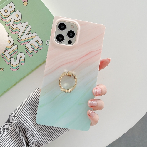 

Marble Pattern Soft TPU Straight-Edge Protective Case with Ring Holder For iPhone 12 / 12 Pro(Orange Green)