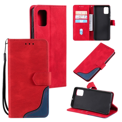 

For Samsung Galaxy A41 Three-color Stitching Calf Texture Horizontal Flip Leather Case with Holder & Card Slots & Wallet(Red)