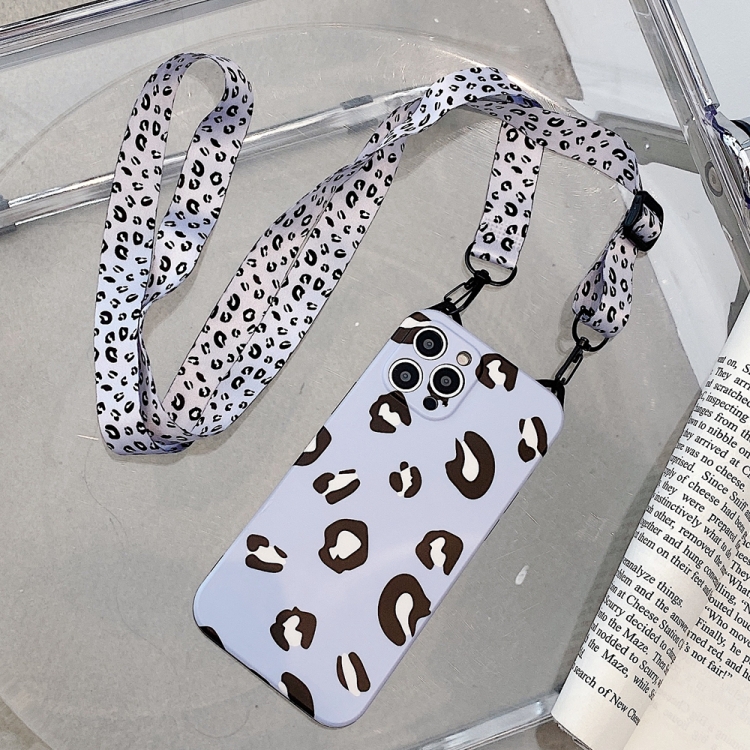

Cat Ear Leopard Print TPU Straight Edge Protective Case with Lanyard For iPhone 12 Pro(Blue Purple)