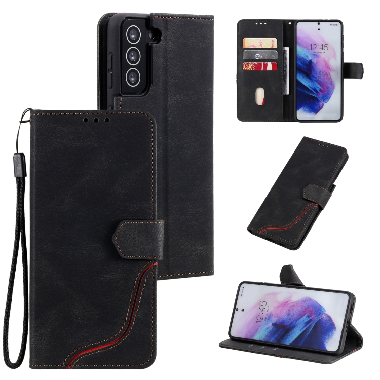 

For Samsung Galaxy S21 FE Three-color Stitching Calf Texture Horizontal Flip Leather Case with Holder & Card Slots & Wallet(Black)