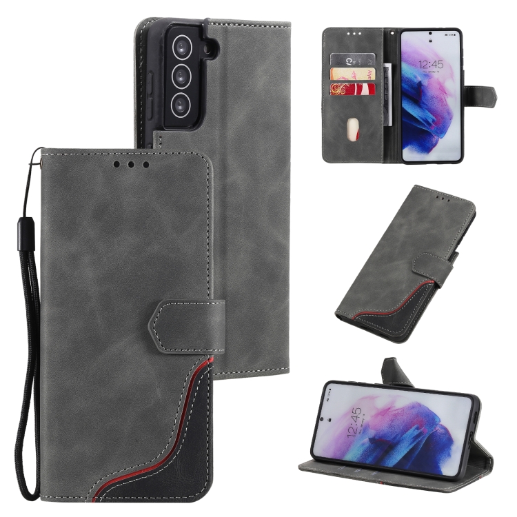 

For Samsung Galaxy S21 FE Three-color Stitching Calf Texture Horizontal Flip Leather Case with Holder & Card Slots & Wallet(Grey)