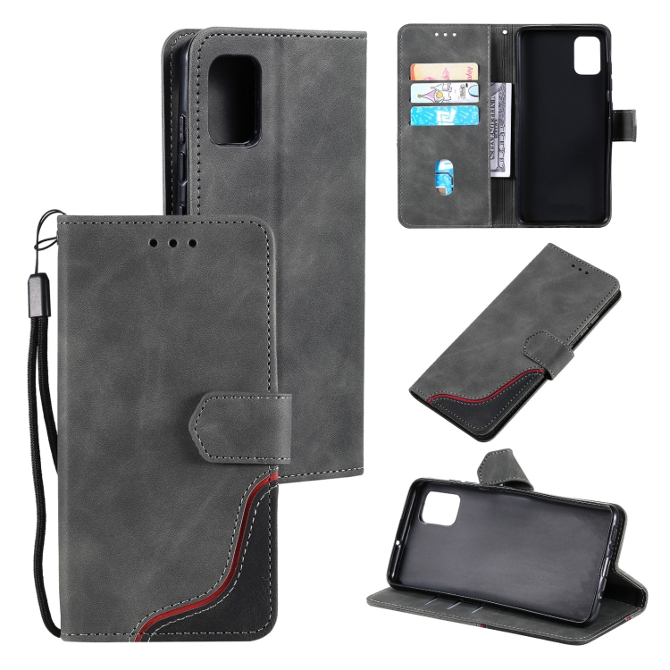 

For Samsung Galaxy Note20 Three-color Stitching Calf Texture Horizontal Flip Leather Case with Holder & Card Slots & Wallet(Grey)