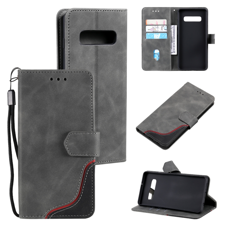 

For Samsung Galaxy S10 Plus Three-color Stitching Calf Texture Horizontal Flip Leather Case with Holder & Card Slots & Wallet(Grey)