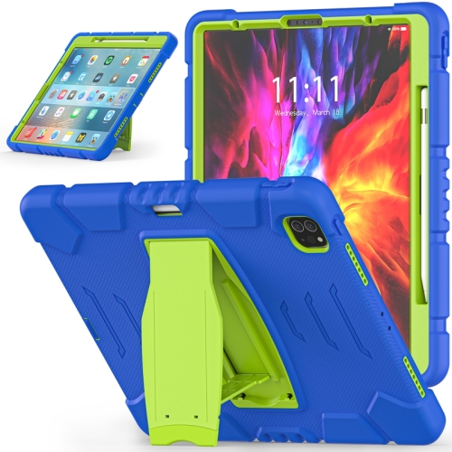 

3-Layer Protection Screen Frame + PC + Silicone Shockproof Combination Tablet Case with Holder For iPad Pro 12.9 2020(Blue+Lime)
