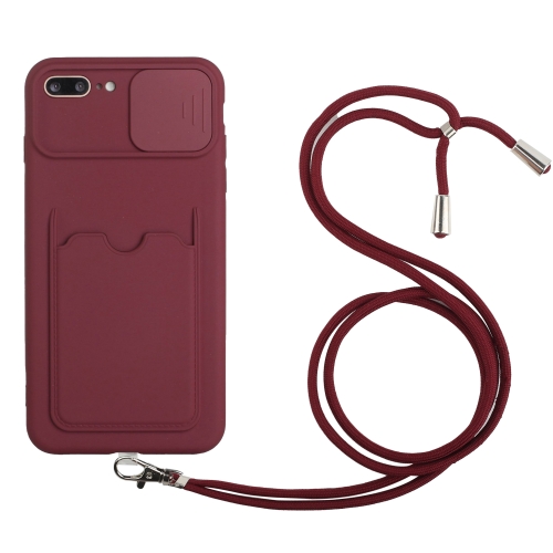 

Sliding Camera Cover Design TPU Protective Case with Card Slot & Neck Lanyard For iPhone 8 Plus / 7 Plus(Wine Red)
