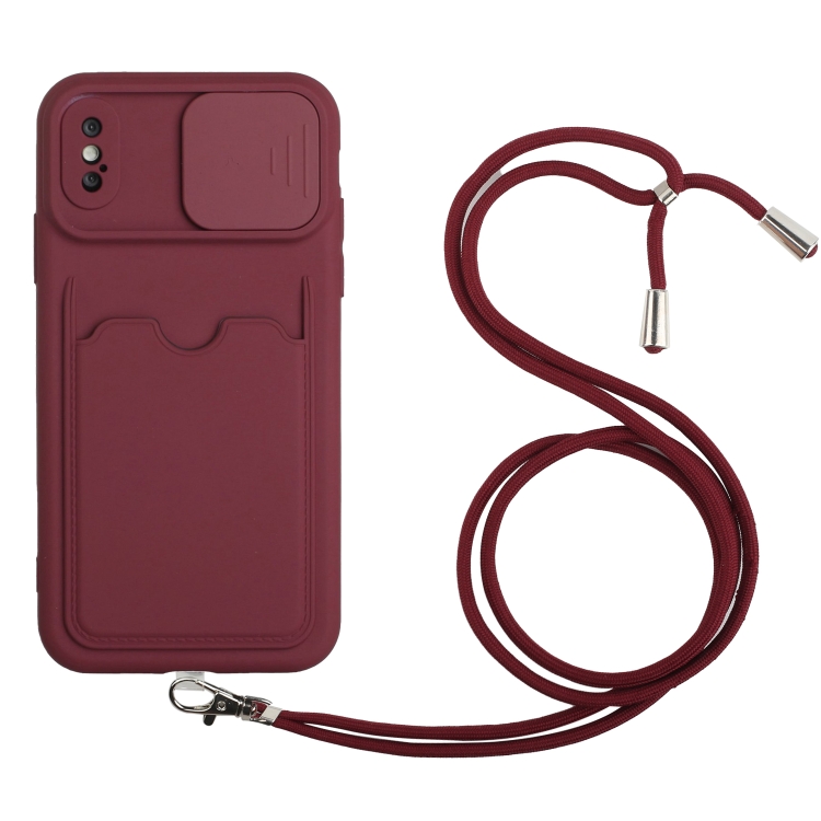 

Sliding Camera Cover Design TPU Protective Case with Card Slot & Neck Lanyard For iPhone X / XS(Wine Red)