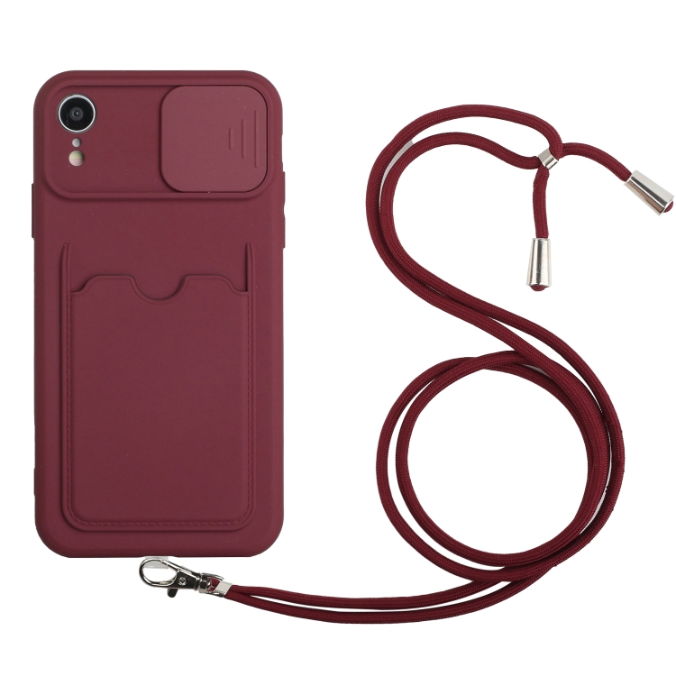 

Sliding Camera Cover Design TPU Protective Case with Card Slot & Neck Lanyard For iPhone XR(Wine Red)