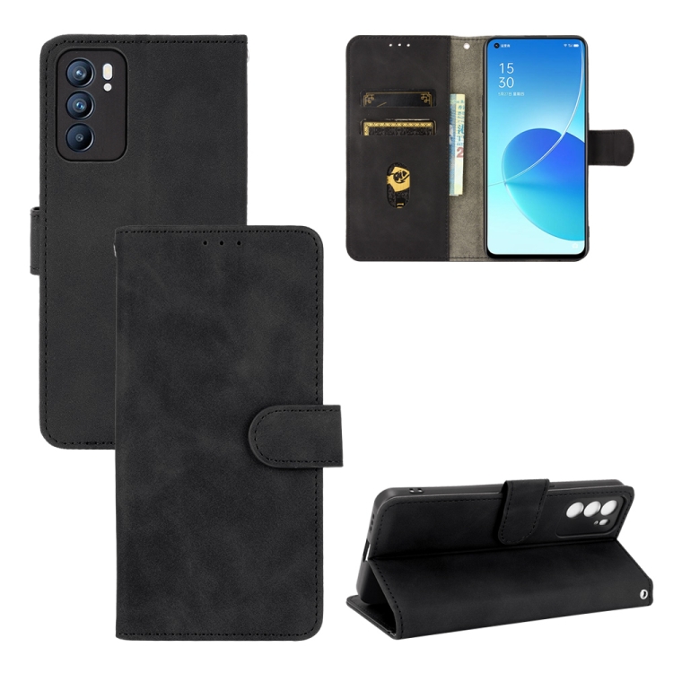

For OPPO Reno6 Solid Color Skin Feel Magnetic Buckle Horizontal Flip Calf Texture PU Leather Case with Holder & Card Slots & Wallet(Black)