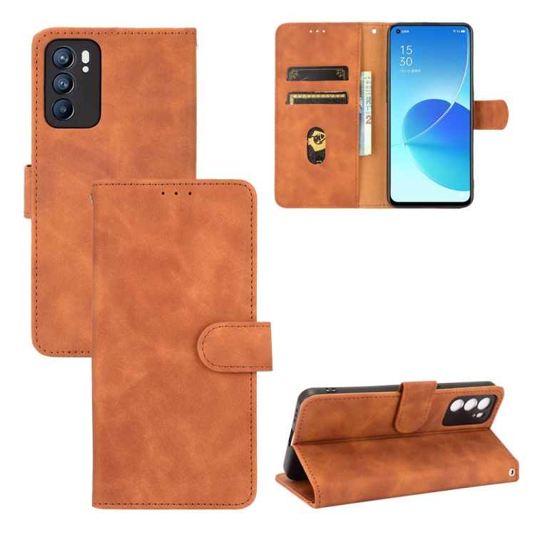 

For OPPO Reno6 Solid Color Skin Feel Magnetic Buckle Horizontal Flip Calf Texture PU Leather Case with Holder & Card Slots & Wallet(Brown)