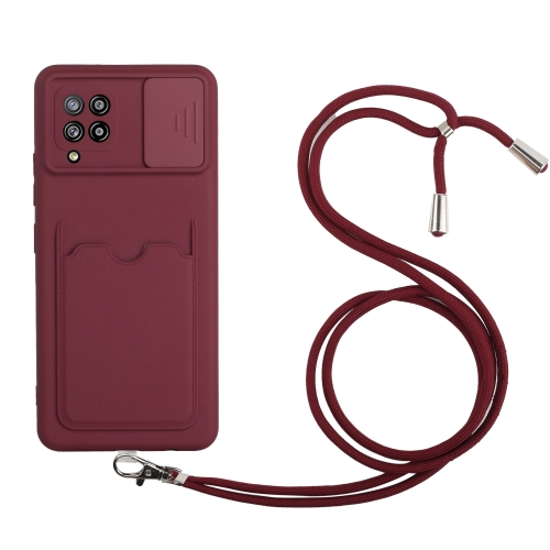 

For Samsung Galaxy A42 5G Sliding Camera Cover Design TPU Protective Case with Card Slot & Neck Lanyard(Wine Red)