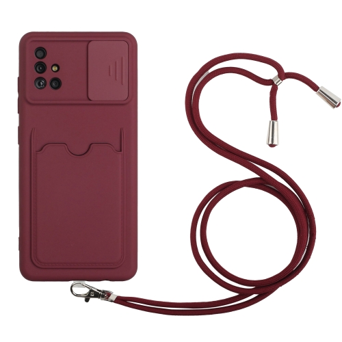 

For Samsung Galaxy A51 Sliding Camera Cover Design TPU Protective Case with Card Slot & Neck Lanyard(Wine Red)