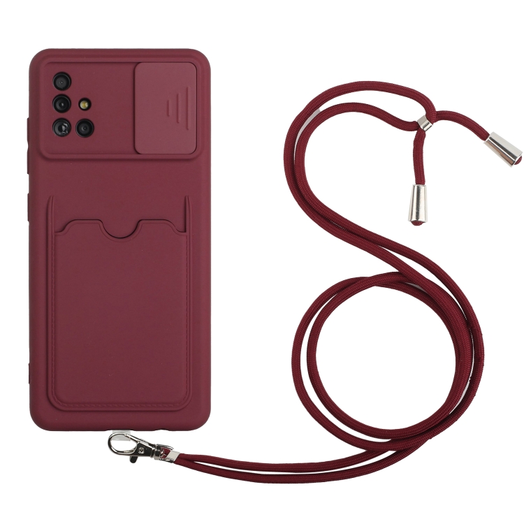 

For Samsung Galaxy A71 Sliding Camera Cover Design TPU Protective Case with Card Slot & Neck Lanyard(Wine Red)