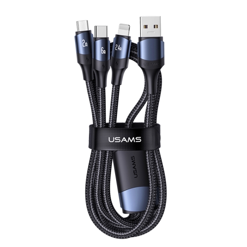

USAMS US-SJ510 U71 6A USB to Type-C / USB-C + Micro USB + 8 Pin Multi-function Aluminum Alloy Fast Charging Data Cable, Length: 1.2m(Black)