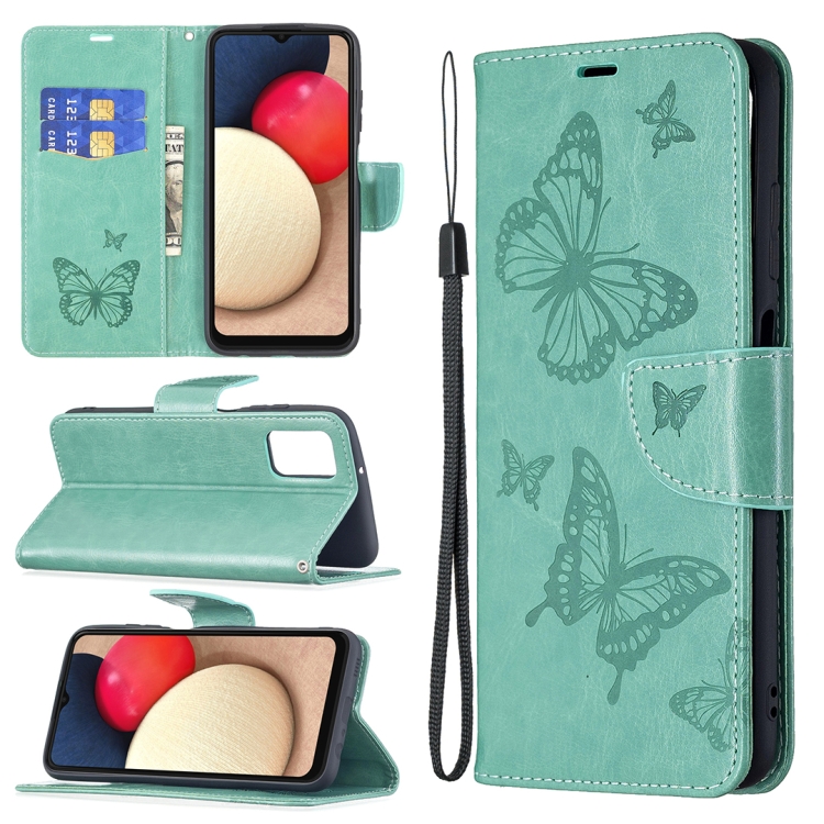

For Samsung Galaxy A03s Embossing Two Butterflies Pattern Horizontal Flip PU Leather Case with Holder & Card Slot & Wallet & Lanyard(Green)