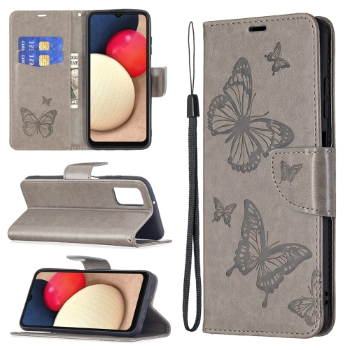 

For Samsung Galaxy A03s Embossing Two Butterflies Pattern Horizontal Flip PU Leather Case with Holder & Card Slot & Wallet & Lanyard(Grey)