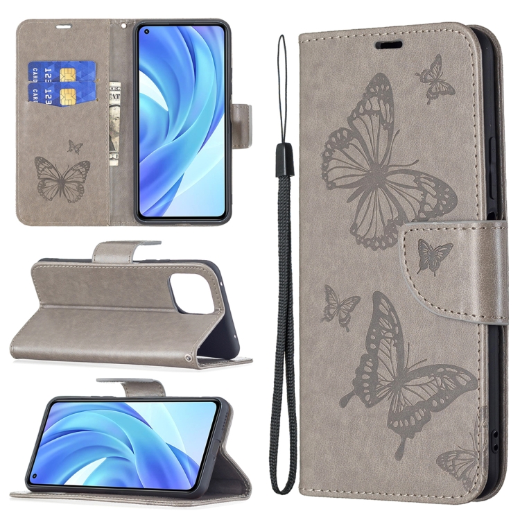 

For Xiaomi Mi 11 Lite Embossing Two Butterflies Pattern Horizontal Flip PU Leather Case with Holder & Card Slot & Wallet & Lanyard(Grey)