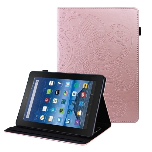 

For Amazon Kindle Fire 7 2019/2017/2015 Peacock Tail Embossing Pattern Horizontal Flip Leather Case with Holder & Card Slots & Wallet & Anti Skid Strip(Rose Gold)