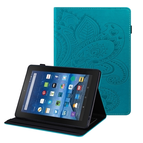 

For Amazon Kindle Fire 7 2019/2017/2015 Peacock Tail Embossing Pattern Horizontal Flip Leather Case with Holder & Card Slots & Wallet & Anti Skid Strip(Blue)